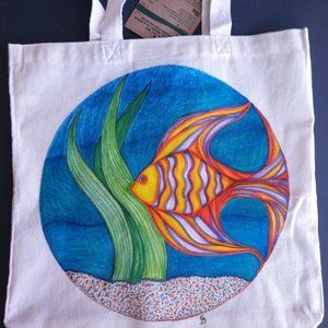 Reusable Bag with Hand Painted Orange and White Striped Tropical Fish in Water